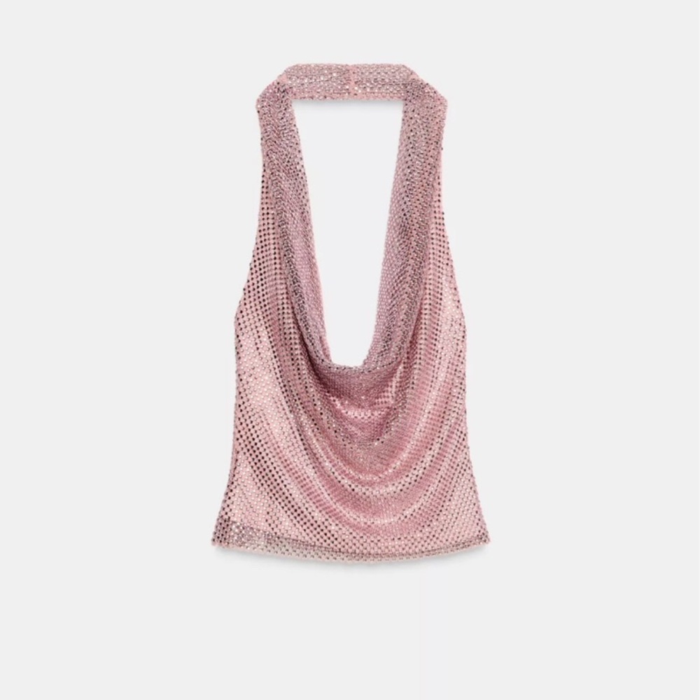 ZARA Rhinestone Baby Pink Sequin Drape Top - BRAND NEW - Picture 3 of 7